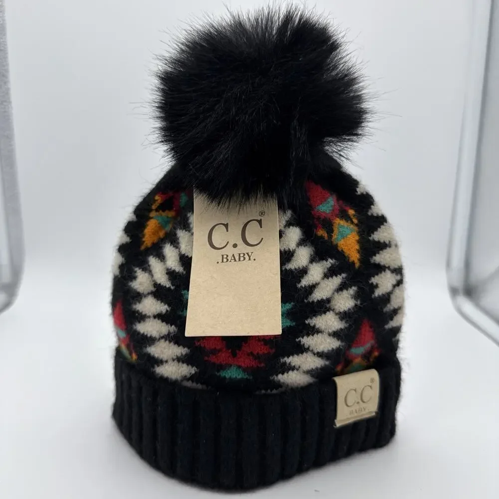 C.C Baby Exclusive Soft Aztec Pattern Beanie With Faux Fur Pom Western NEW
